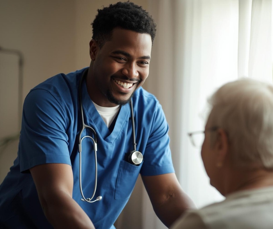 care giver smiling and caring out his duty