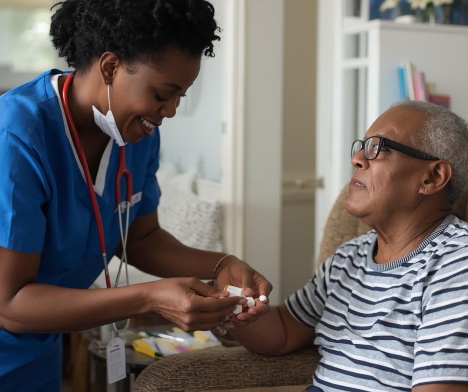 woman giving an elderly medication